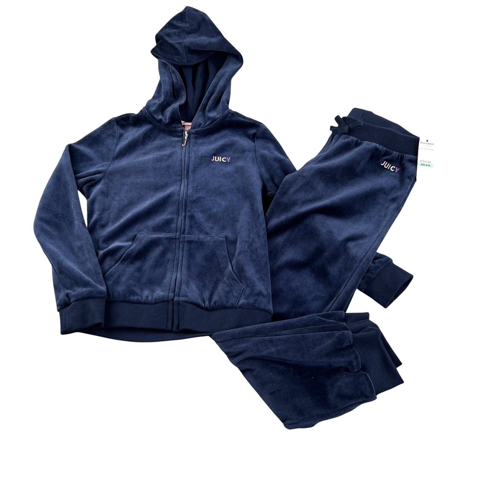 Juicy Couture Kids Velour Tracksuit Set 8/10 Navy Blue Hoodie Joggers 2 Pc NWT